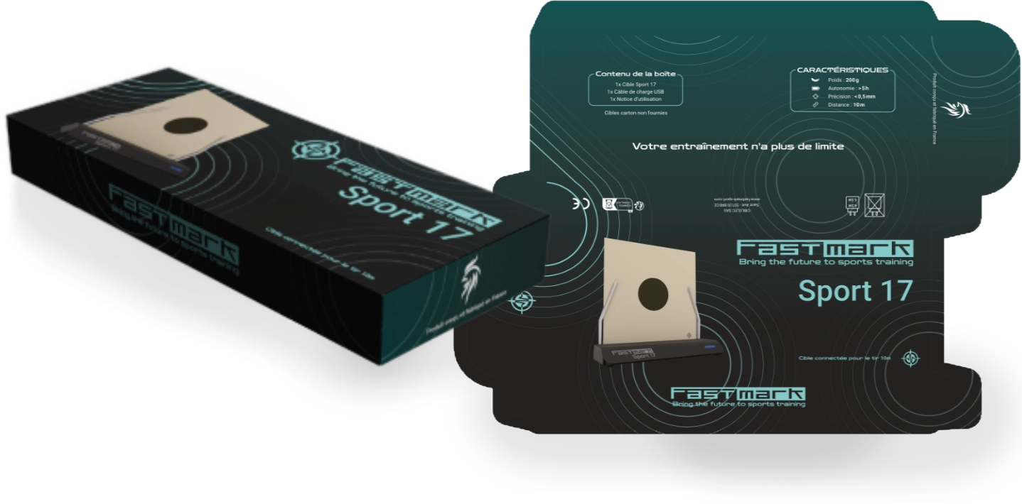 Packaging FastMark Sport 17 — rendu 3D et vue à plat
